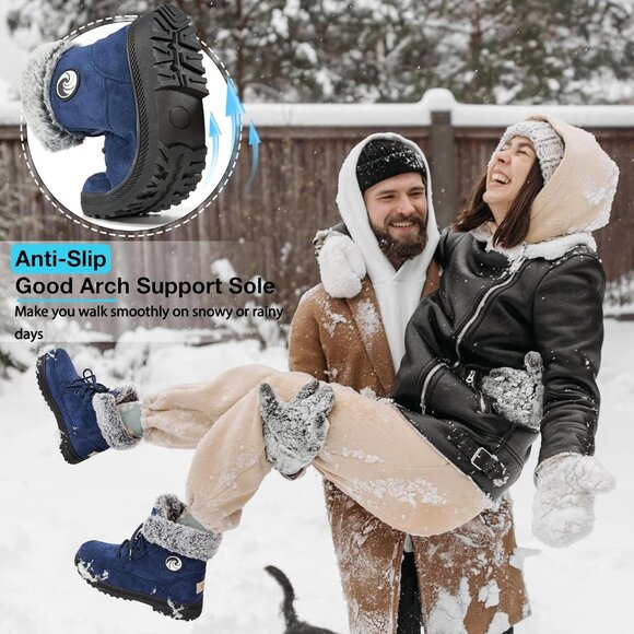 Women’s Blue Warm Fur Lined Ankle Booties Lace Up Slip-On Outdoor Boots - Picture 4 of 5